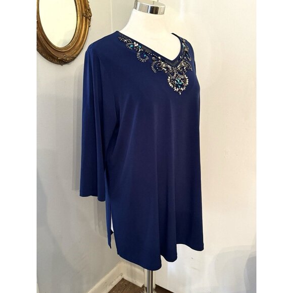 Susan Graver Artisan Top Size XL  Blue Beaded V Neck 3/4 Sleeve Tunic Blouse - Picture 11 of 15